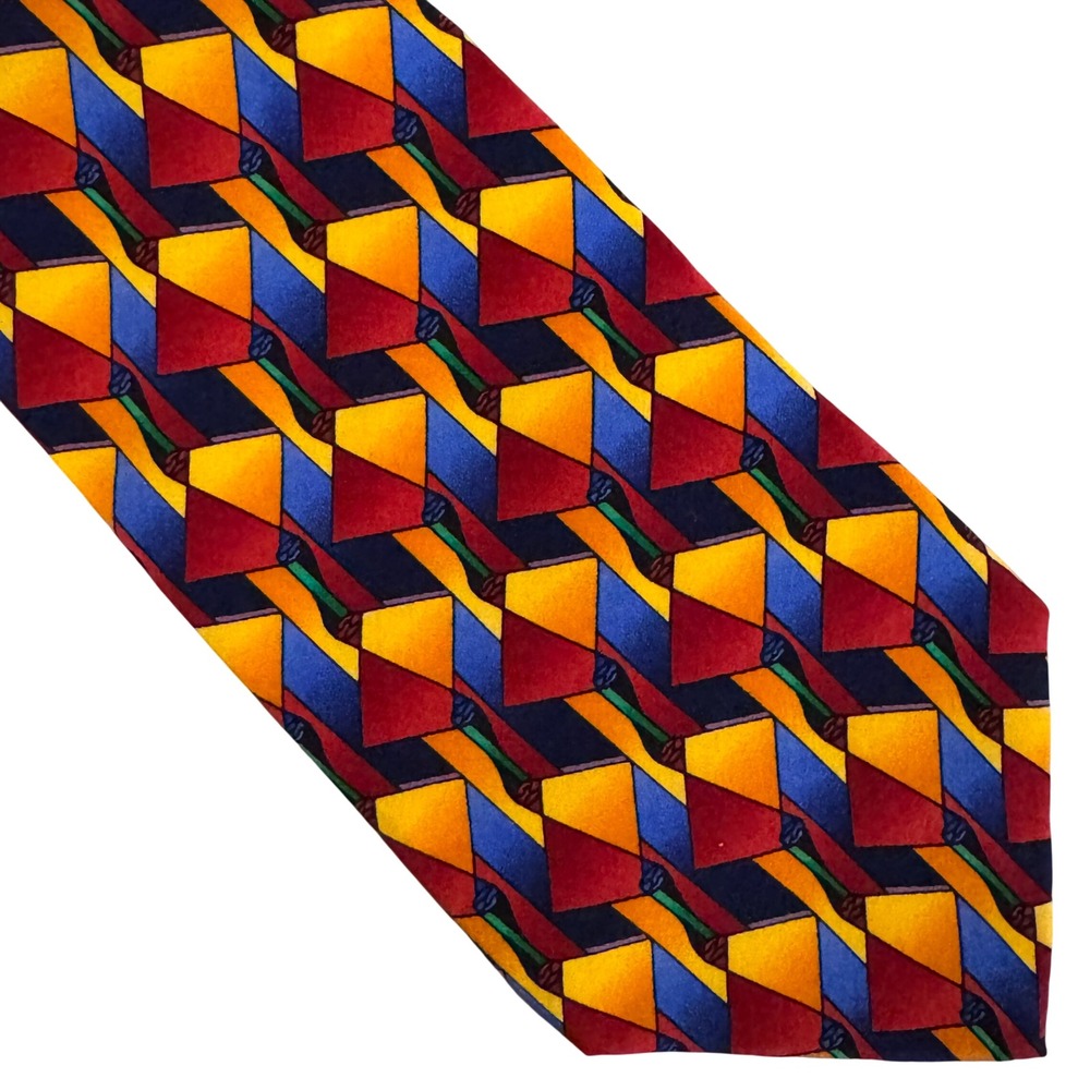 Jimmy Z Jerry Rice Collection One Silk Tie Geometric 90s Vintage Red Blue Yellow